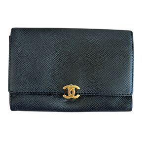 Chanel Black Caviar Leather Flap Wallet With Gold Tone CC Authentic With COA